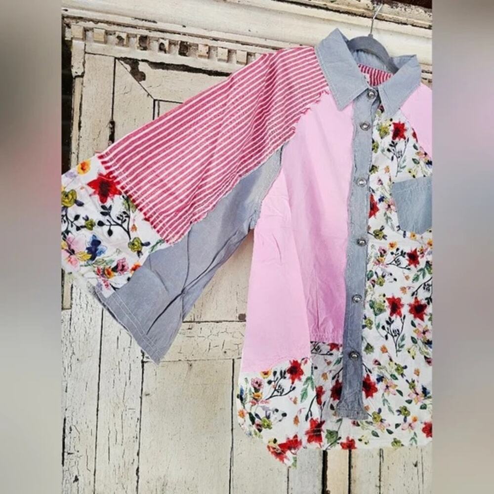 Pol Patchwork Button Down Shirt Boho Floral Shirt - image 6